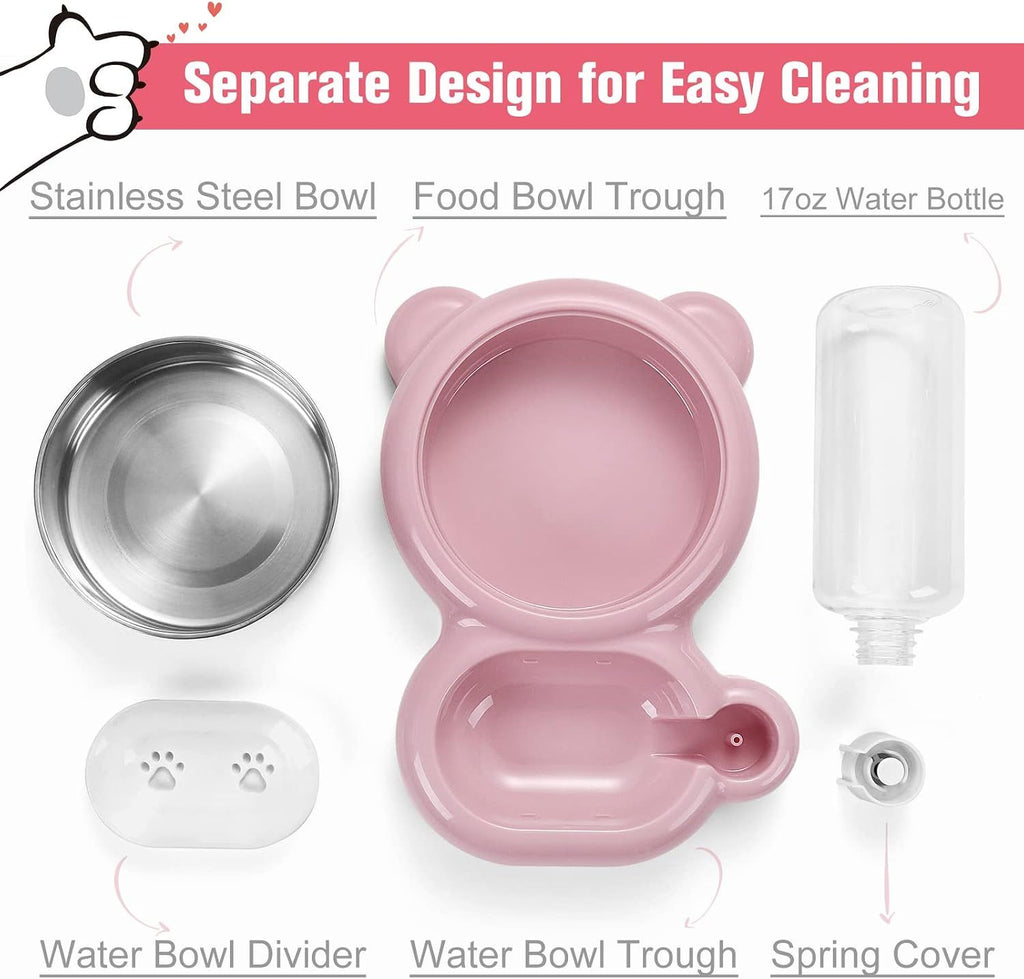 Cat Food and Water Bowl 2 in 1 with Automatic Water Dispenser Pink, 500 ml