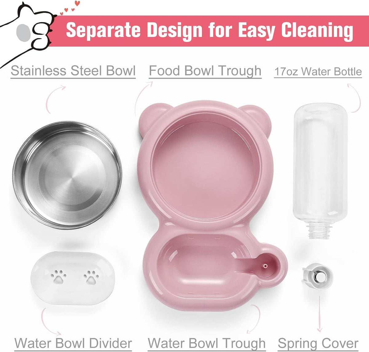 Cat Food and Water Bowl 2 in 1 with Automatic Water Dispenser Pink, 500 ml