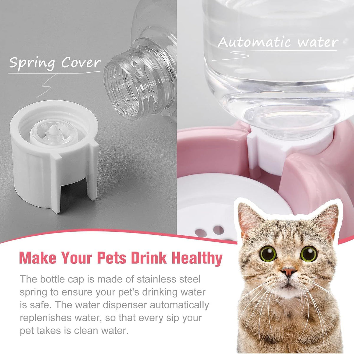 Cat Food and Water Bowl 2 in 1 with Automatic Water Dispenser Pink, 500 ml