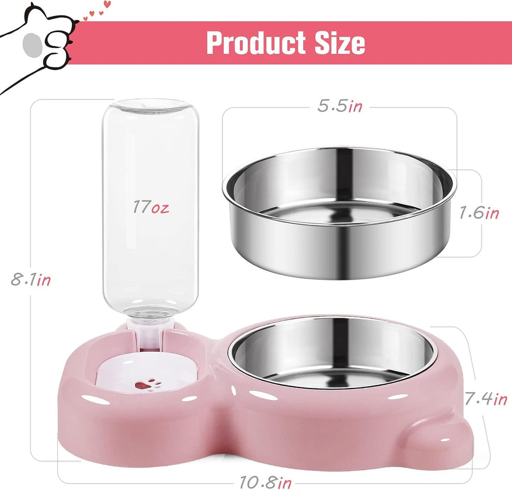 Cat Food and Water Bowl 2 in 1 with Automatic Water Dispenser Pink, 500 ml