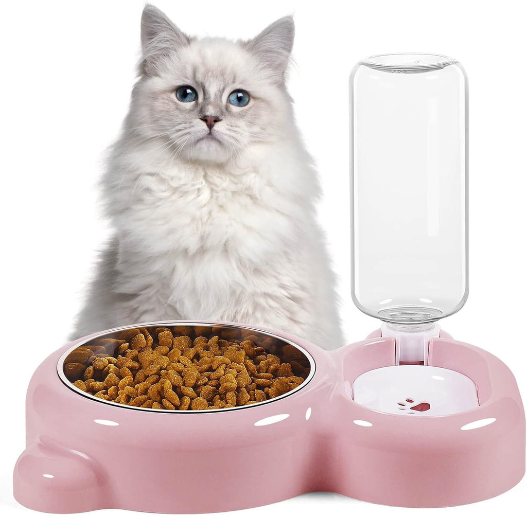 Cat Food and Water Bowl 2 in 1 with Automatic Water Dispenser Pink, 500 ml