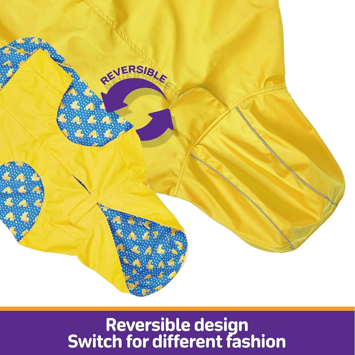 Reversible Dog Raincoat Poncho with Hood, Reflective Stripe and Leash Hole, Windproof Dog Slicker Jacket, Small