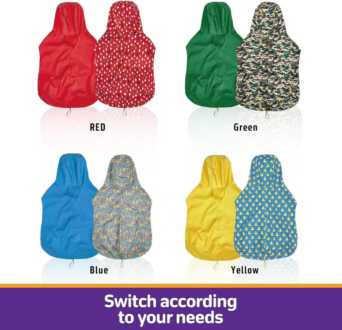 Reversible Dog Raincoat, Hooded Rain Poncho with Leash Hole, Reflective Strip, Windproof and Snowproof Slicker for Dogs, XL