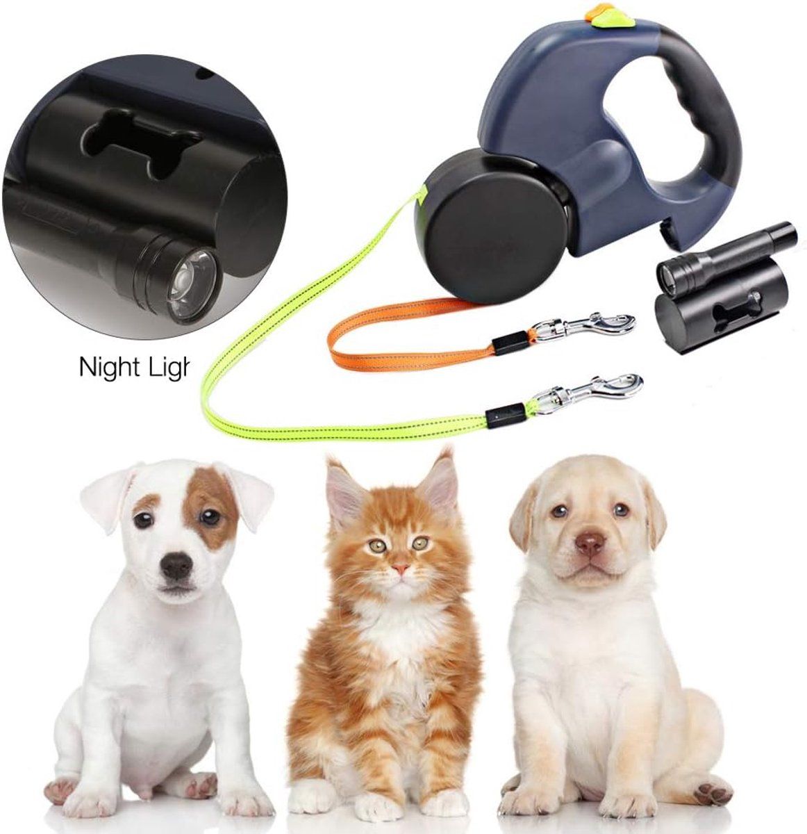 Double Retractable Dog Leash for Two Dogs with Anti-Slip Handle and LED Light, 3 M