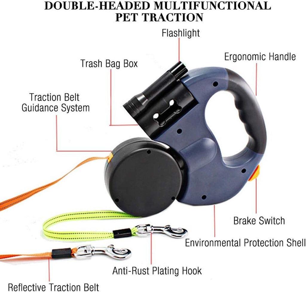 Double Retractable Dog Leash for Two Dogs with Anti-Slip Handle and LED Light, 3 M