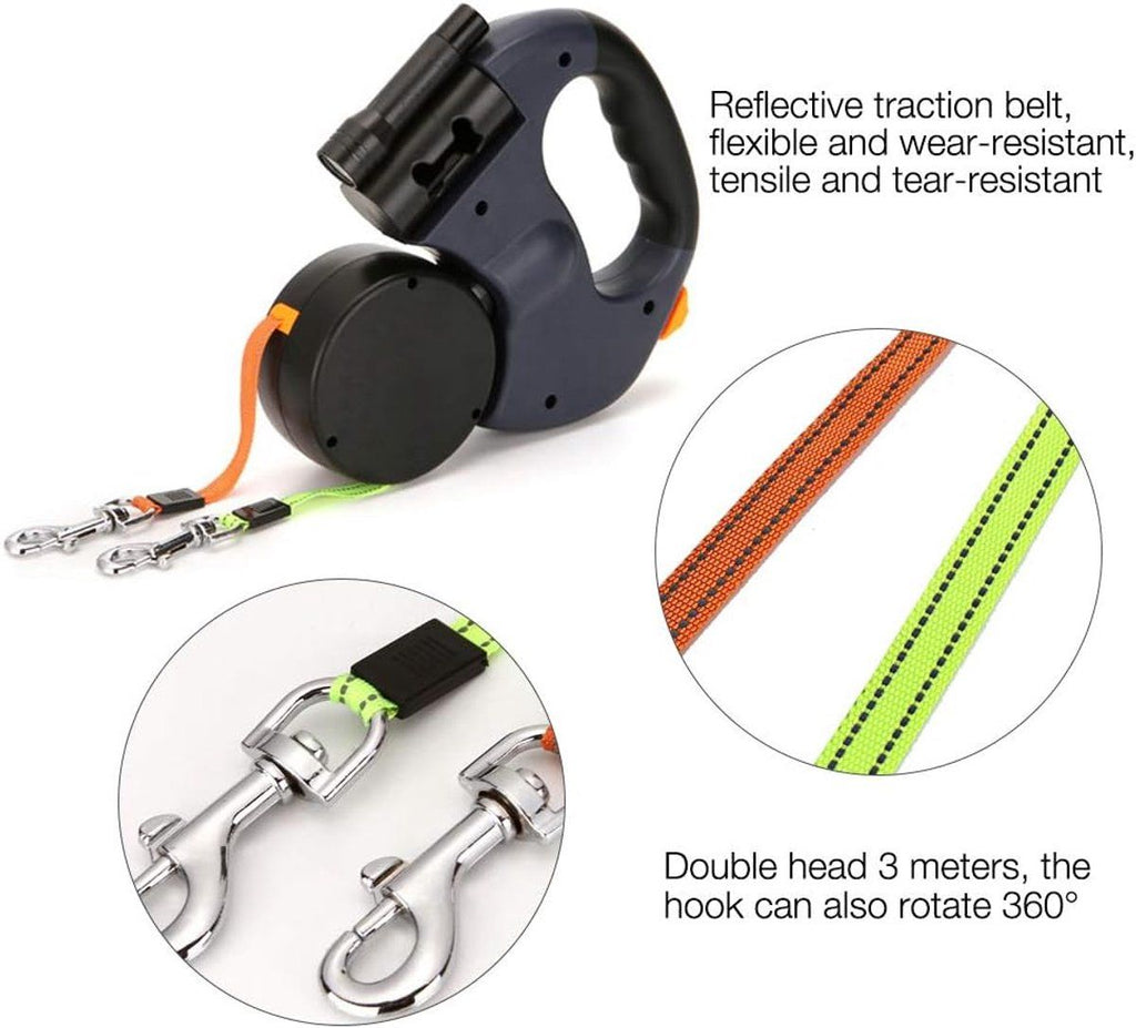 Double Retractable Dog Leash for Two Dogs with Anti-Slip Handle and LED Light, 3 M