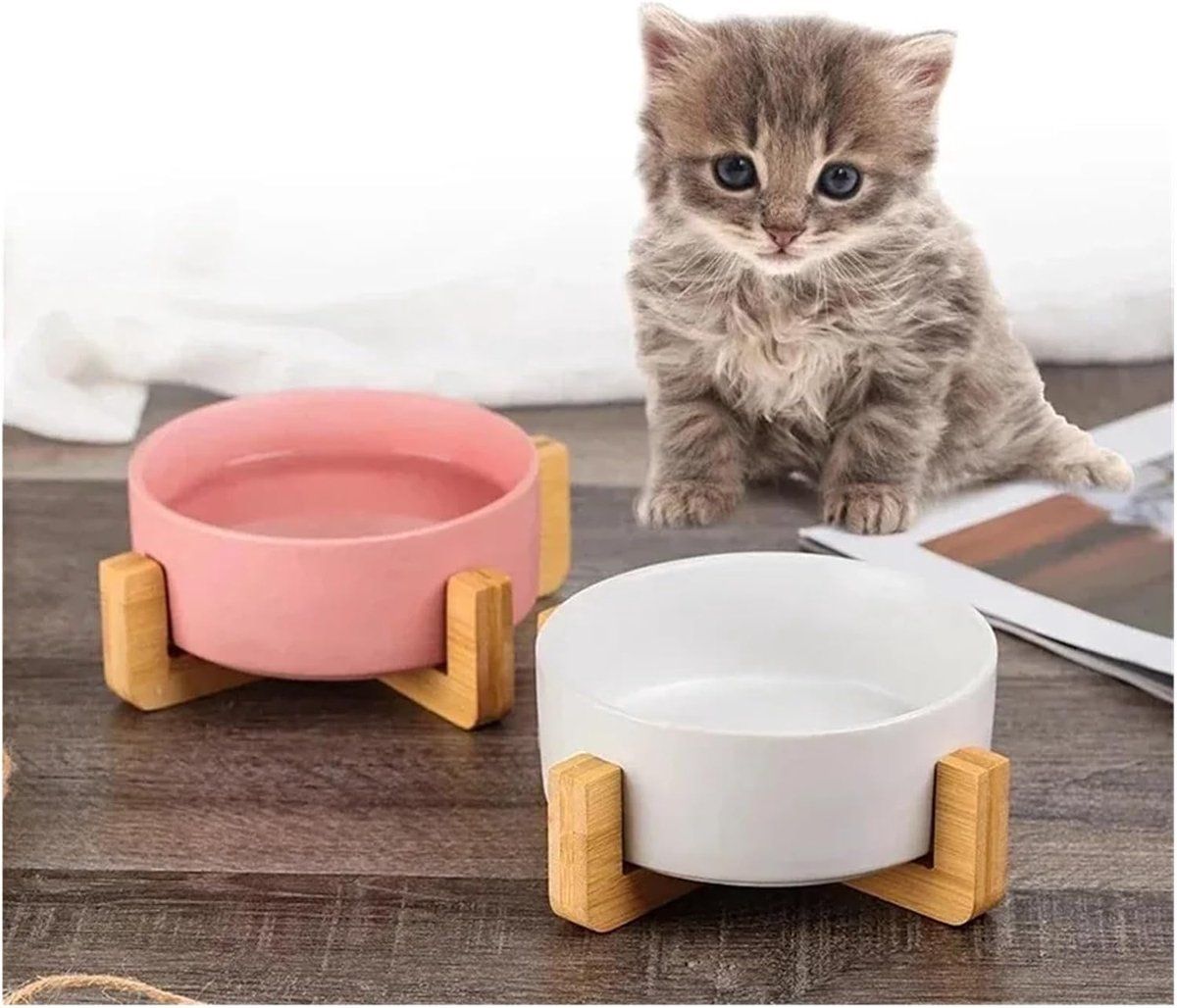 Double Ceramic Dog and Cat Bowls with Wooden Stand, No-Spill Elevated Food and Water Bowls for Small Pets, Indoor Use, Gray, 11 cm Diameter