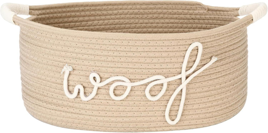 Dog Toy Storage Basket, Beige Cotton Rope Pet Toy Bin with Woof Print and Handles