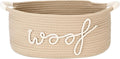 Dog Toy Storage Basket, Beige Cotton Rope Pet Toy Bin with Woof Print and Handles