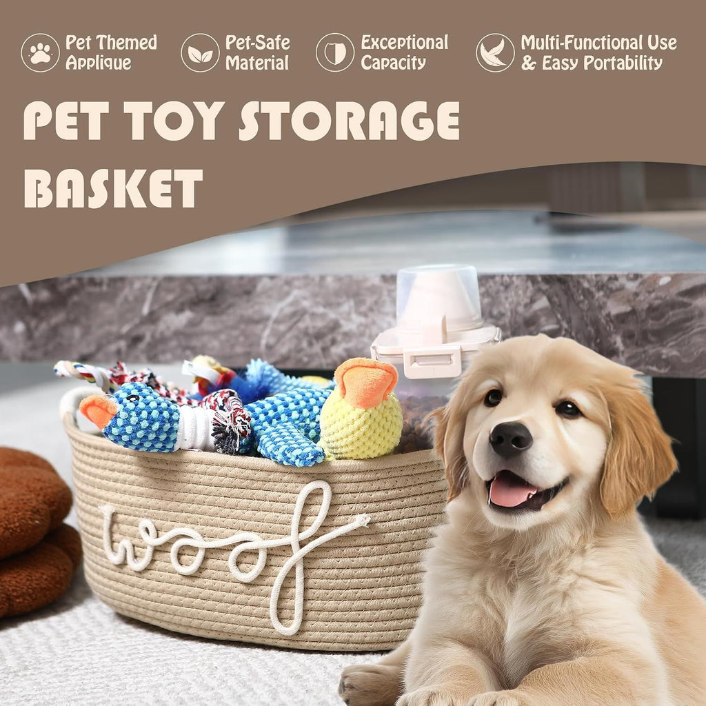 Dog Toy Storage Basket, Beige Cotton Rope Pet Toy Bin with Woof Print and Handles