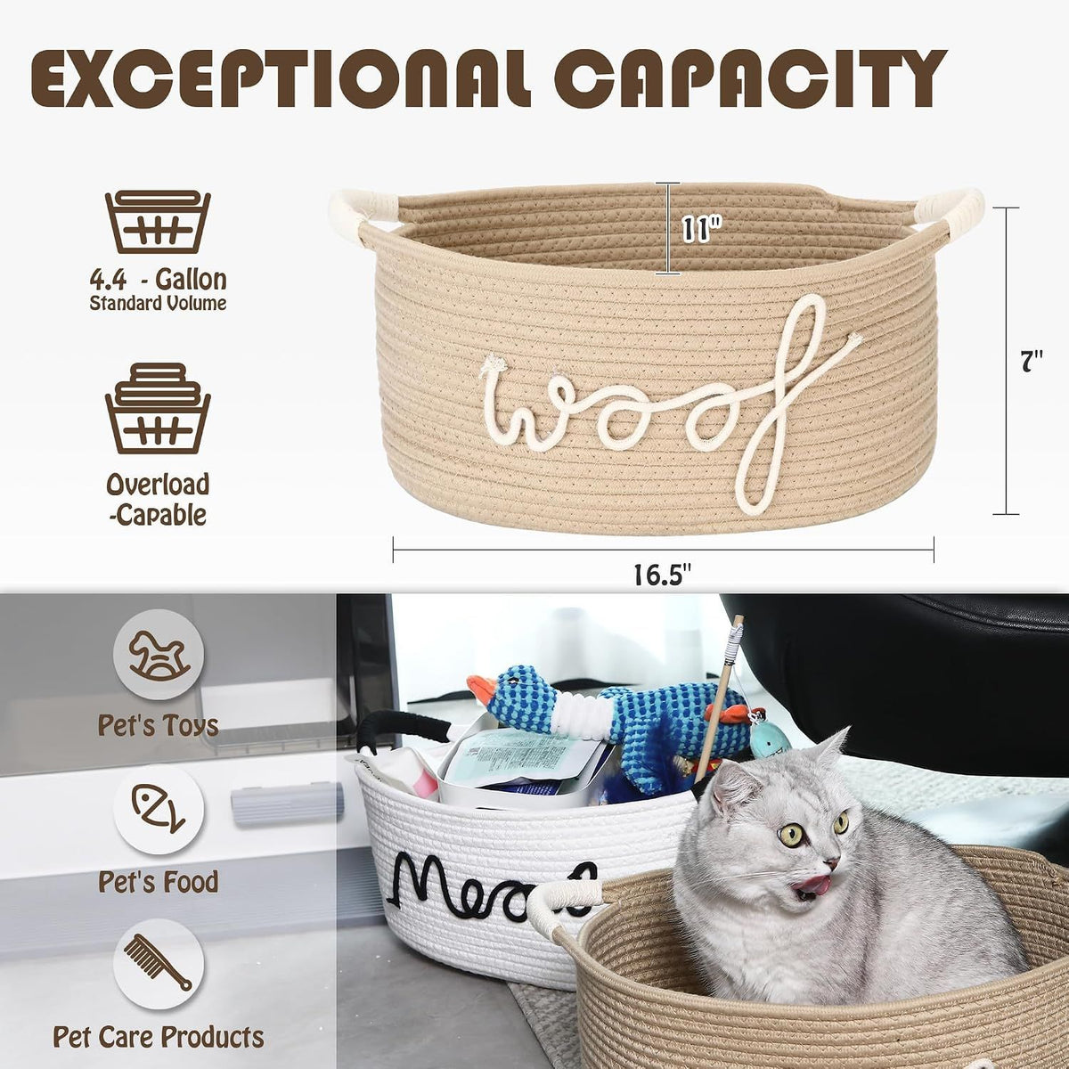 Dog Toy Storage Basket, Beige Cotton Rope Pet Toy Bin with Woof Print and Handles