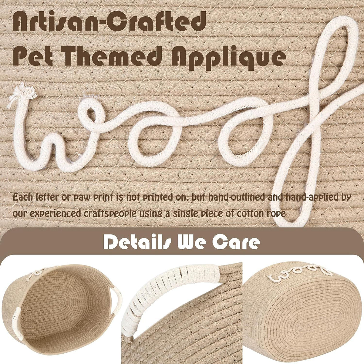 Dog Toy Storage Basket, Beige Cotton Rope Pet Toy Bin with Woof Print and Handles