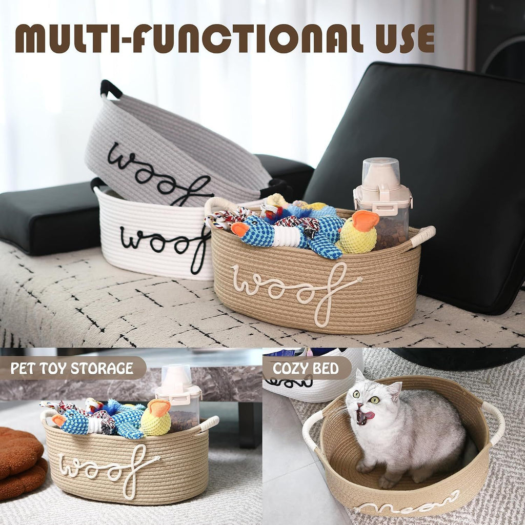 Dog Toy Storage Basket, Beige Cotton Rope Pet Toy Bin with Woof Print and Handles