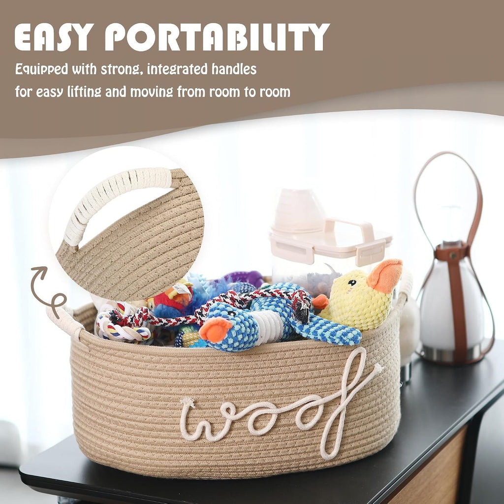 Dog Toy Storage Basket, Beige Cotton Rope Pet Toy Bin with Woof Print and Handles