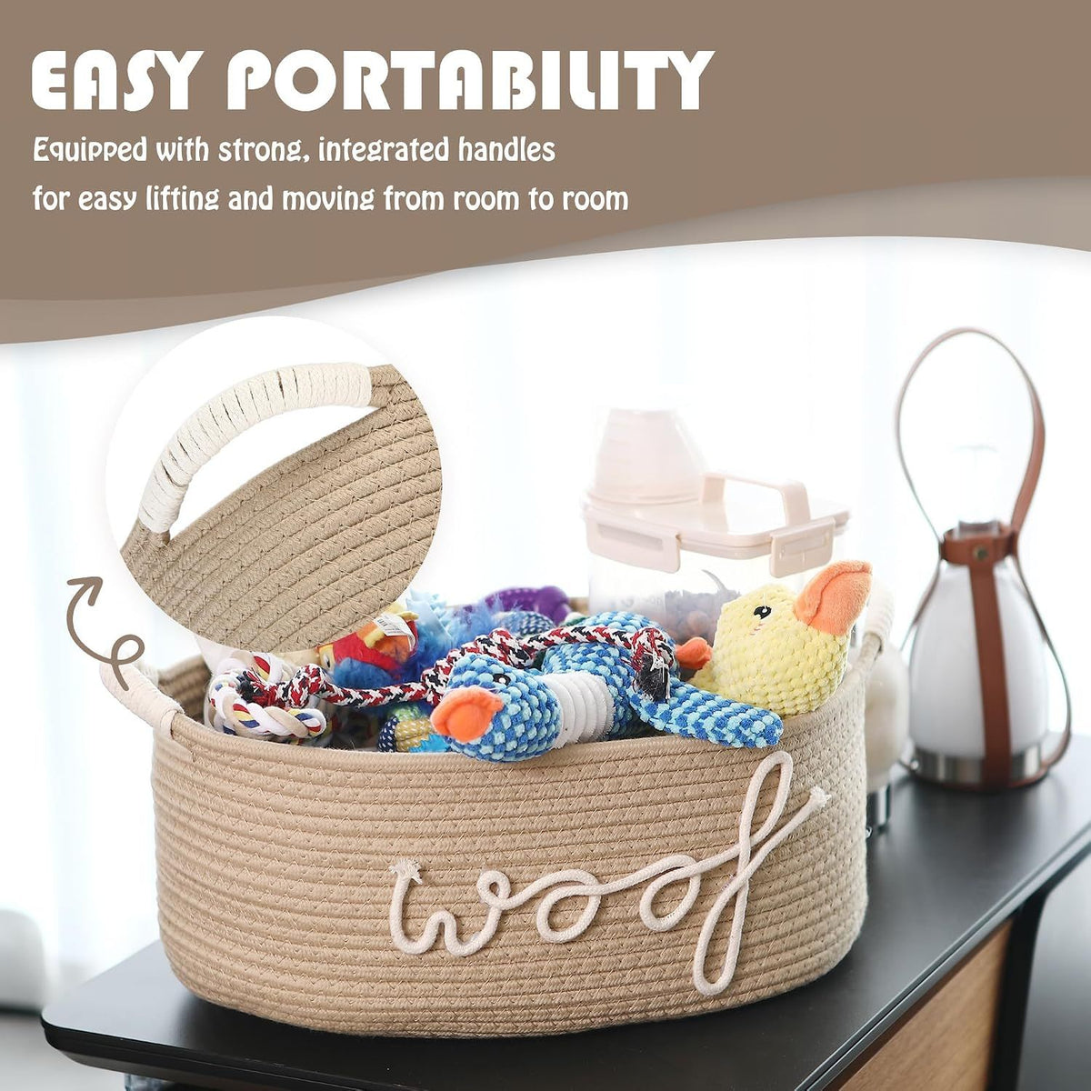 Dog Toy Storage Basket, Beige Cotton Rope Pet Toy Bin with Woof Print and Handles