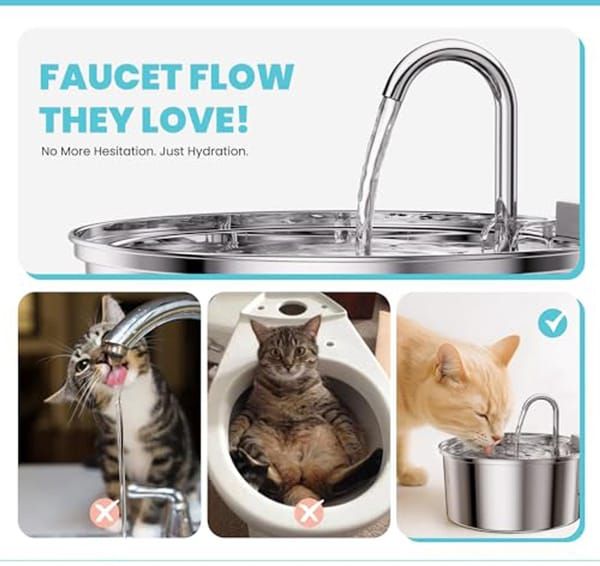 Cat Water Fountain, 3.2L Stainless Steel Pet Water Fountain with Filters, Quiet Automatic Cat Water Dispenser Water Bowl, Includes 4 Replacement Filters for Cats & Dogs