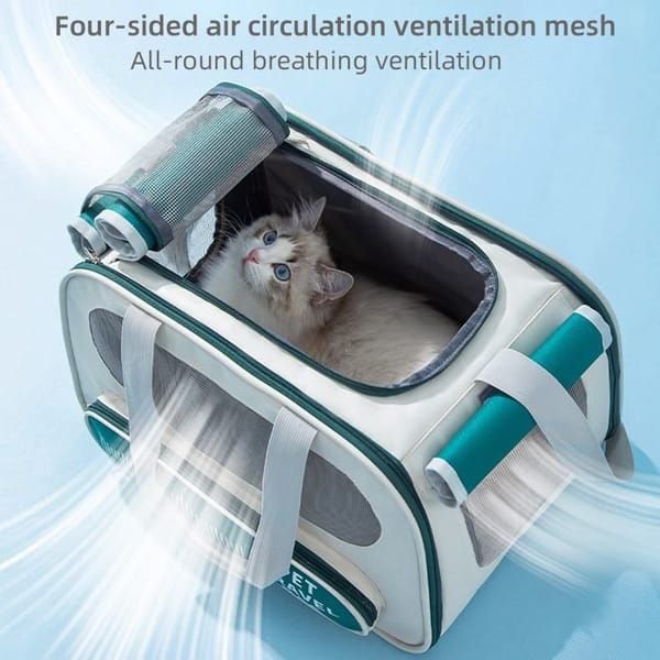 Large‑Capacity Pet Travel Carrier Bag, Portable Breathable Cat Dog Carrier, Crossbody Pet Handbag for Travel & Car Trips, Blue‑White Pet Transport Bag 45×30×28cm