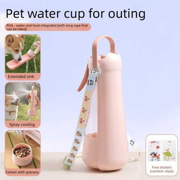 Portable Dog Water Bottle with Fold‑Down Drinking Bowl, Pink 3‑in‑1 Pet Travel Water Dispenser with Fine Mist Spray, Food Storage & Carrying Strap for Walking & Outdoor Trips