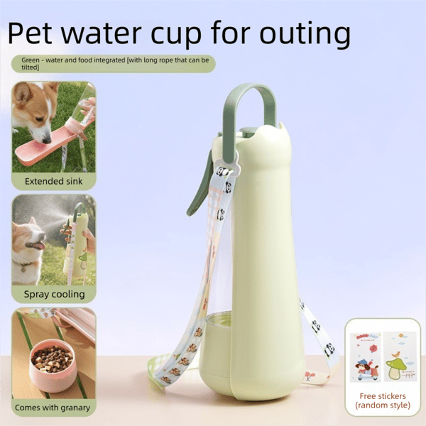 Portable Dog Water Bottle with Fold‑Down Drinking Bowl, Pink 3‑in‑1 Pet Travel Water Dispenser with Fine Mist Spray, Food Storage & Carrying Strap for Walking & Outdoor Trips