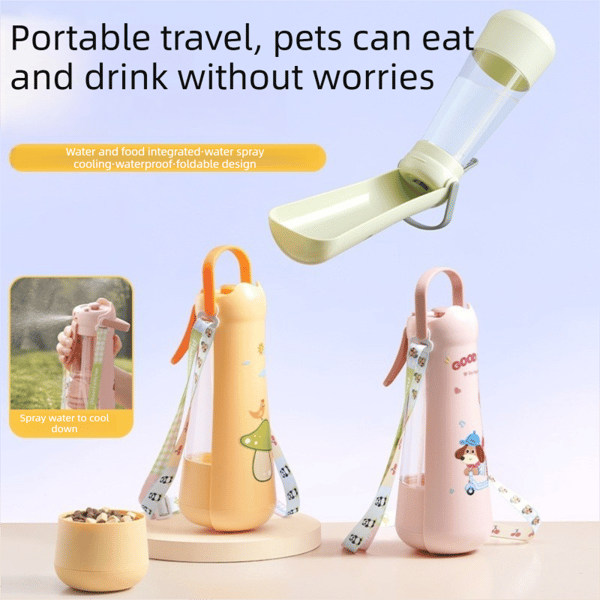 Portable Dog Water Bottle with Fold‑Down Drinking Bowl, Pink 3‑in‑1 Pet Travel Water Dispenser with Fine Mist Spray, Food Storage & Carrying Strap for Walking & Outdoor Trips