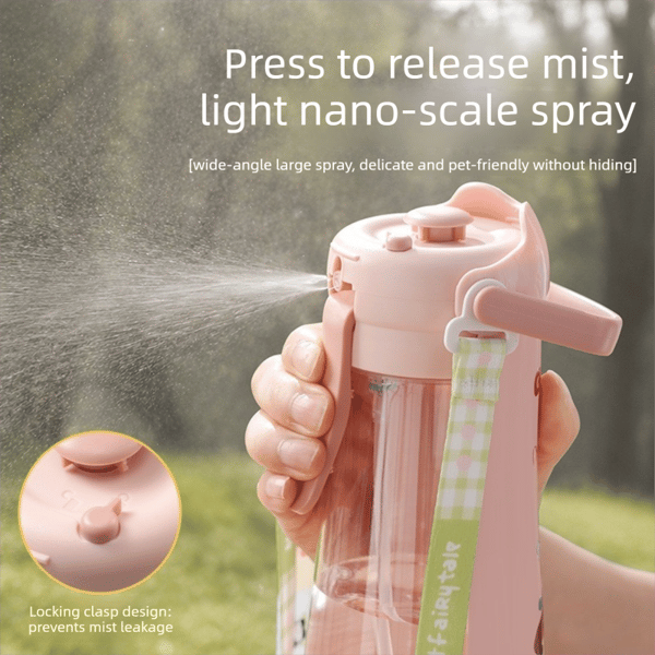 Portable Dog Water Bottle with Fold‑Down Drinking Bowl, Pink 3‑in‑1 Pet Travel Water Dispenser with Fine Mist Spray, Food Storage & Carrying Strap for Walking & Outdoor Trips