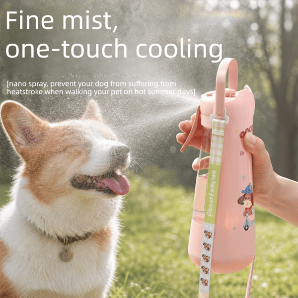 Portable Dog Water Bottle with Fold‑Down Drinking Bowl, Pink 3‑in‑1 Pet Travel Water Dispenser with Fine Mist Spray, Food Storage & Carrying Strap for Walking & Outdoor Trips