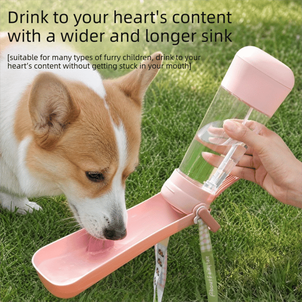 Portable Dog Water Bottle with Fold‑Down Drinking Bowl, Pink 3‑in‑1 Pet Travel Water Dispenser with Fine Mist Spray, Food Storage & Carrying Strap for Walking & Outdoor Trips