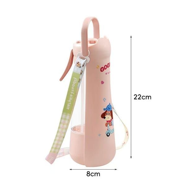 Portable Dog Water Bottle with Fold‑Down Drinking Bowl, Pink 3‑in‑1 Pet Travel Water Dispenser with Fine Mist Spray, Food Storage & Carrying Strap for Walking & Outdoor Trips