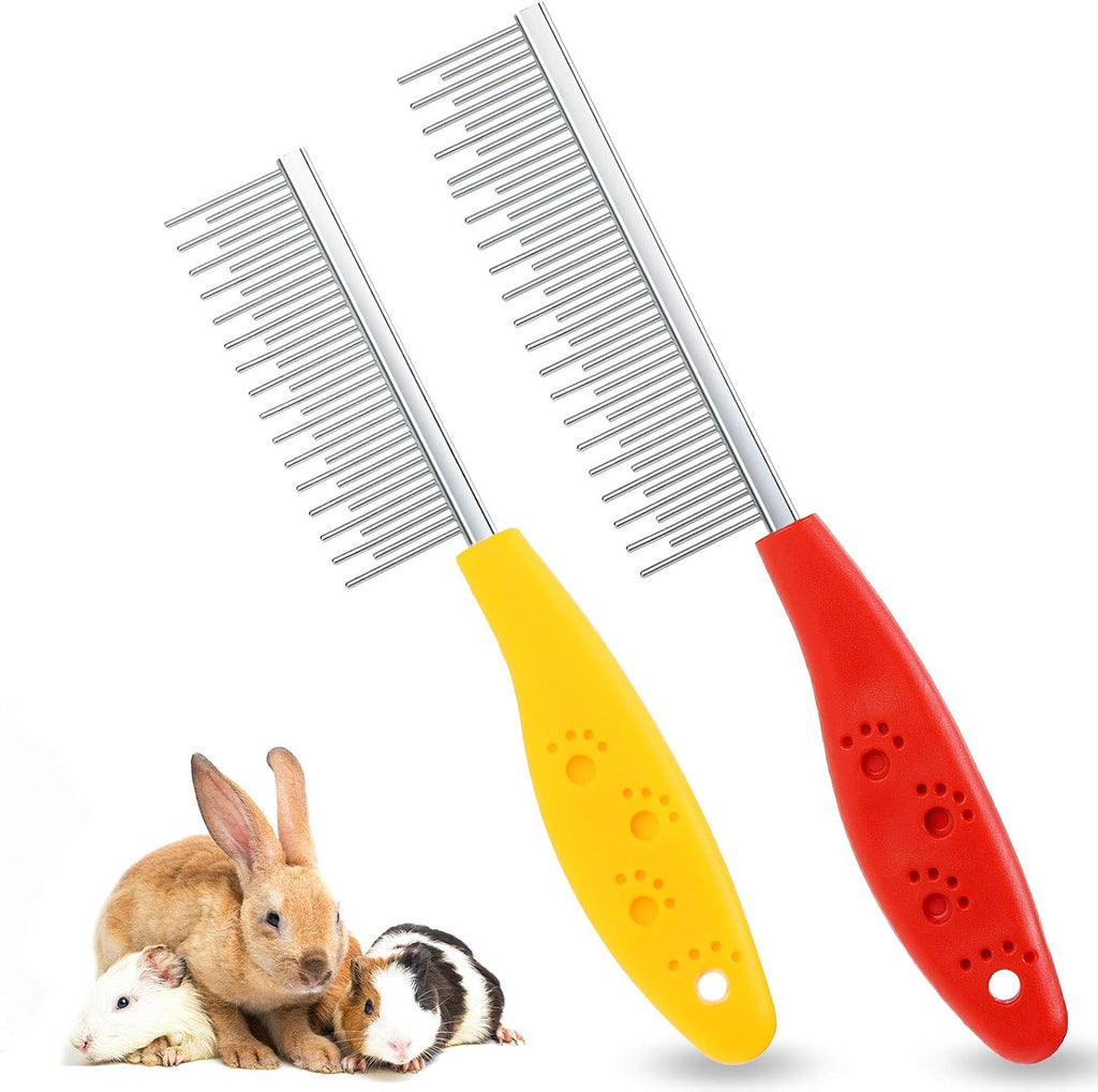 2 Pieces Pet Hair Comb Small Pet Grooming Stainless Steel Long and Short Teeth Comb for Small Dog Cat Animals Rabbits Bunny Hamsters Guinea Pigs, Red and Yellow