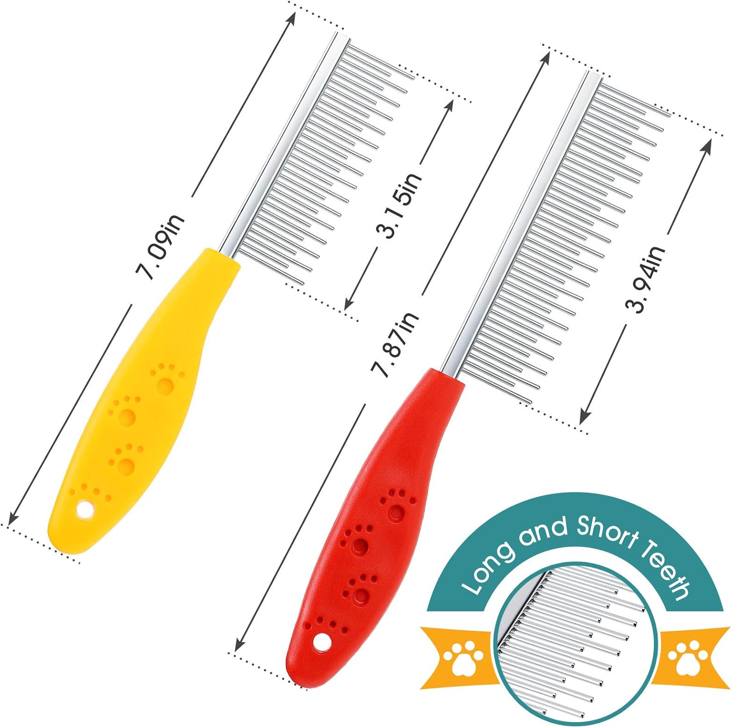 2 Pieces Pet Hair Comb Small Pet Grooming Stainless Steel Long and Short Teeth Comb for Small Dog Cat Animals Rabbits Bunny Hamsters Guinea Pigs, Red and Yellow