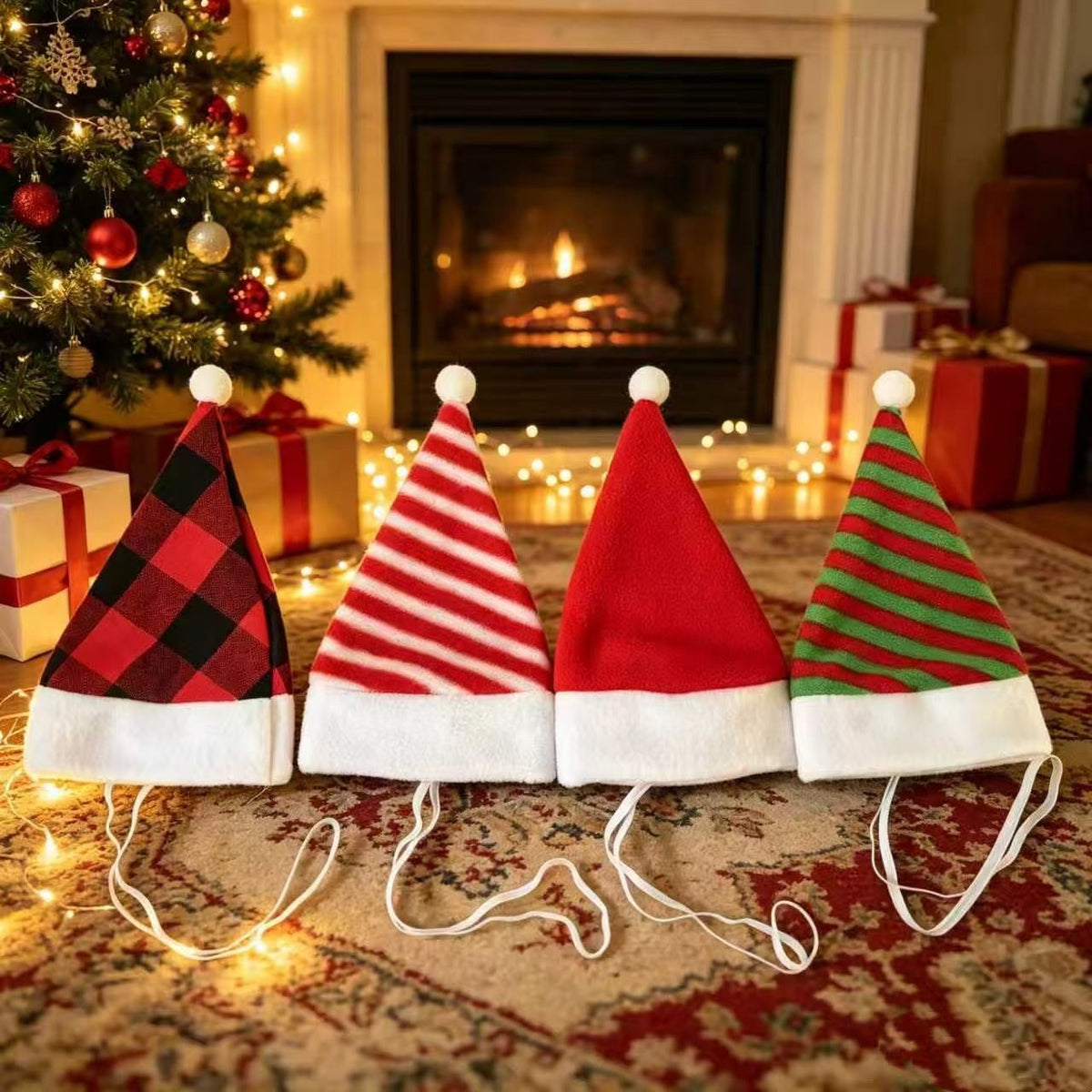 Pet Christmas Hat 4-Pack - Festive Santa Hat for Cats Dogs - Holiday Party Headwear Costume Accessory - Red White Stripe