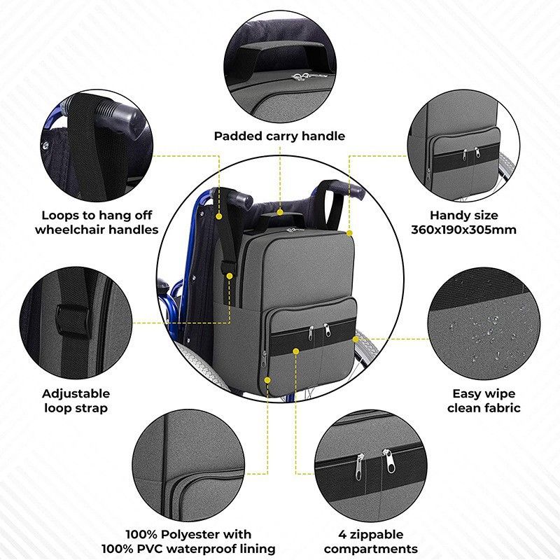 Premium Wheelchair Storage Bag - Large Capacity Organizer Pouch with 4 Zippered Compartments - Waterproof Lined Hanging Tote for Elderly Mobility Scooter - Gray