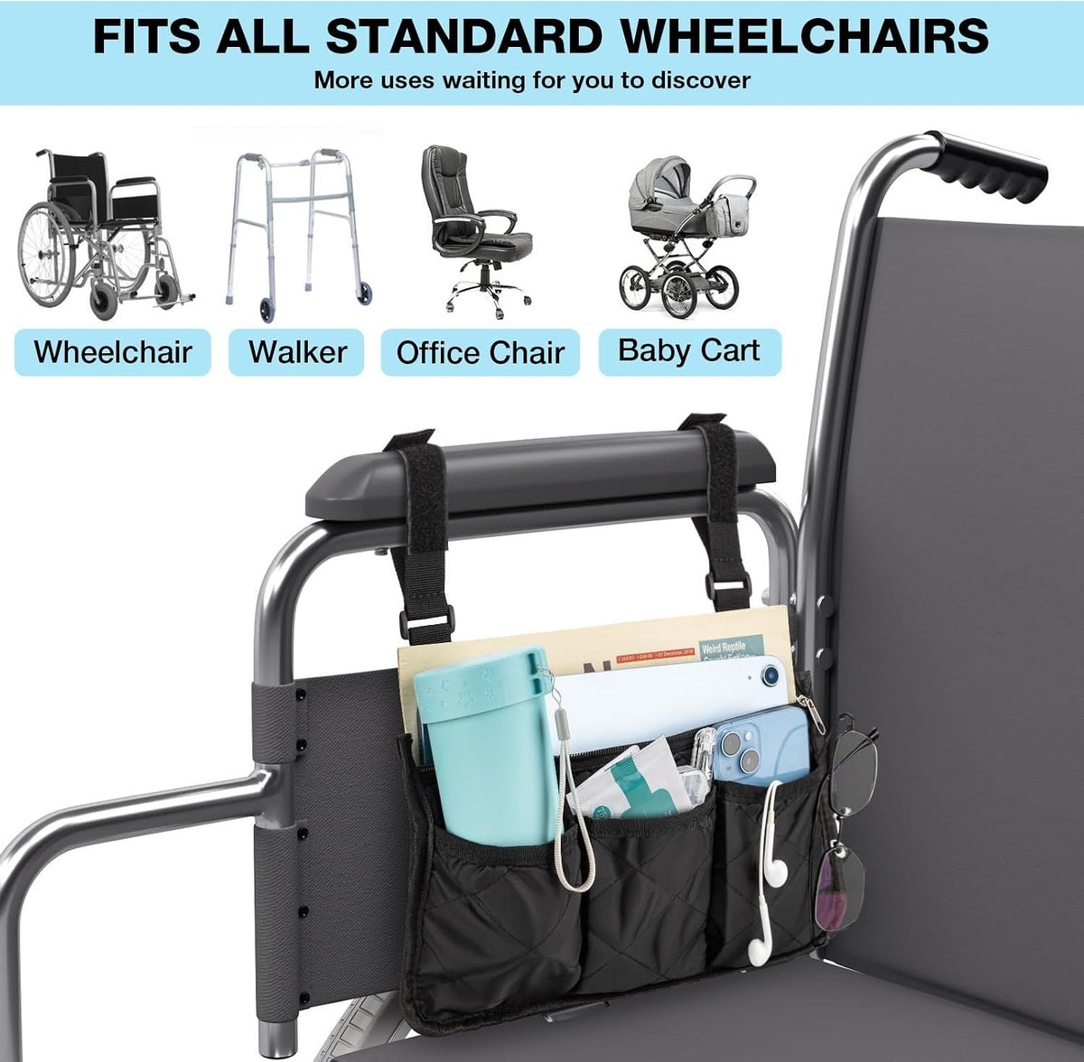 2-Pack Wheelchair Armrest Storage Bag - Medium Capacity Side Organizer Pouch for Walker Mobility Scooter - Easy Access Utility Tote - Black