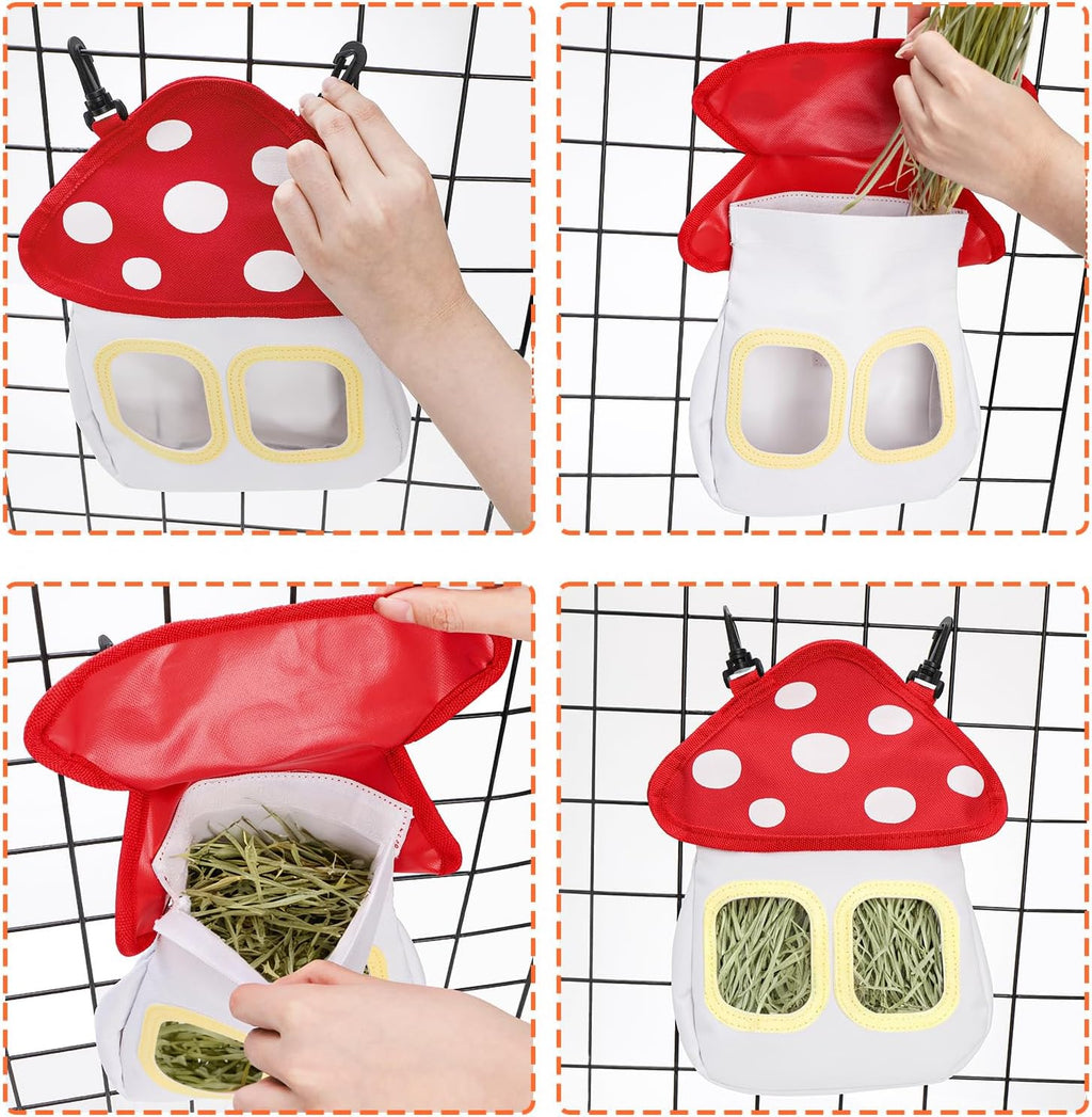 Bunny Hay Feeder Bag, Cute Mushroom Hanging Holder, Durable Dispenser with 600D Oxford Fabric for Guinea Pigs Chinchillas Hamster, Small Animal Cage Accessories