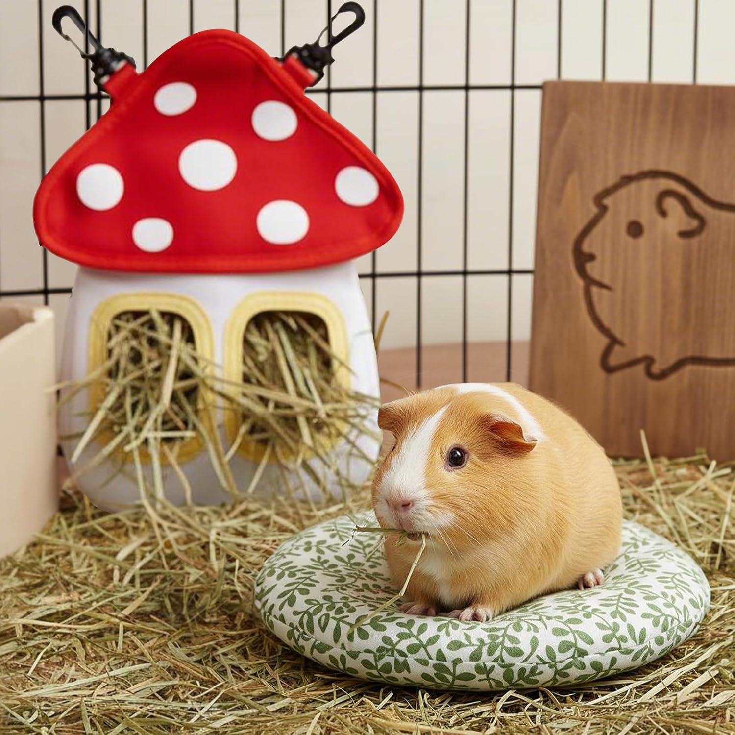 Bunny Hay Feeder Bag, Cute Mushroom Hanging Holder, Durable Dispenser with 600D Oxford Fabric for Guinea Pigs Chinchillas Hamster, Small Animal Cage Accessories