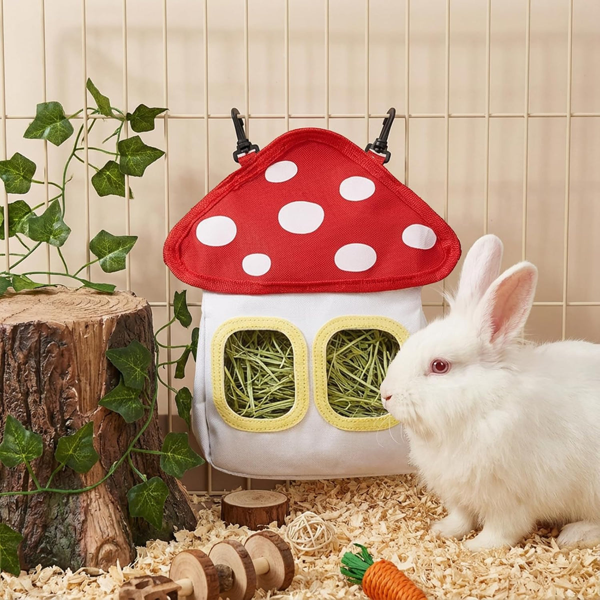 Bunny Hay Feeder Bag, Cute Mushroom Hanging Holder, Durable Dispenser with 600D Oxford Fabric for Guinea Pigs Chinchillas Hamster, Small Animal Cage Accessories
