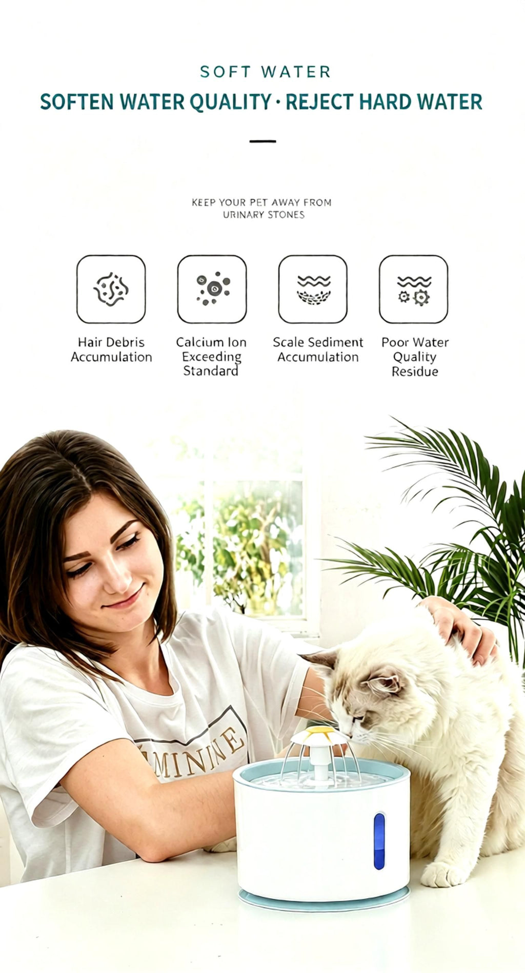 2.4L Pet Water Fountain - USB Powered Cat Water Dispenser with Filter and Flower Spout - Plastic Drinking Bowl for Dogs Cats - Blue