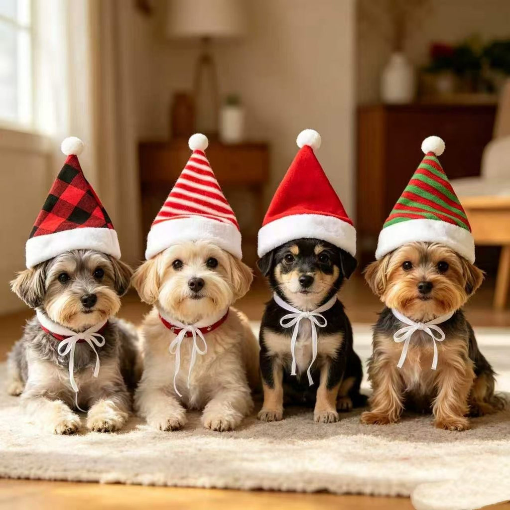 Pet Christmas Hat 4-Pack - Festive Santa Hat for Cats Dogs - Holiday Party Headwear Costume Accessory - Red Black Plaid