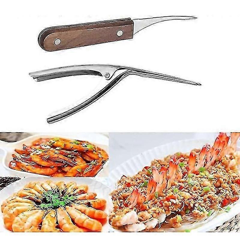 2pcs Stainless Steel Shrimp Cleaner & Deveiner - Wooden Handle, for Shrimp/Crayfish/Lobster