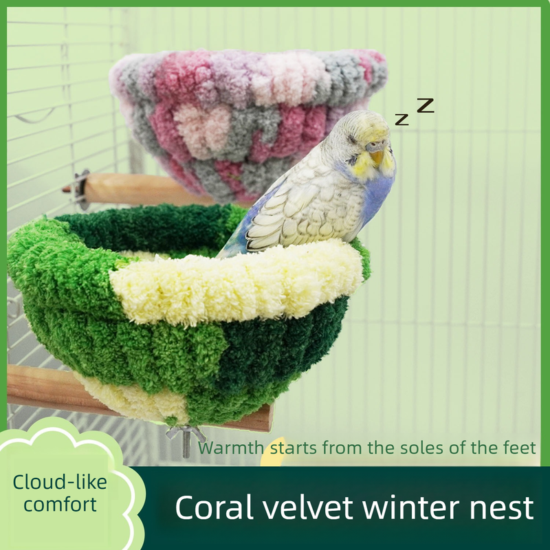 2-in-1 Parrot Perch Warm Bed Nest, Coral Fleece Hanging Bird Cage Sleeping Hut for Budgies, Cockatiels, Lovebirds, and Small Parrots – Winter Warm House - Blue