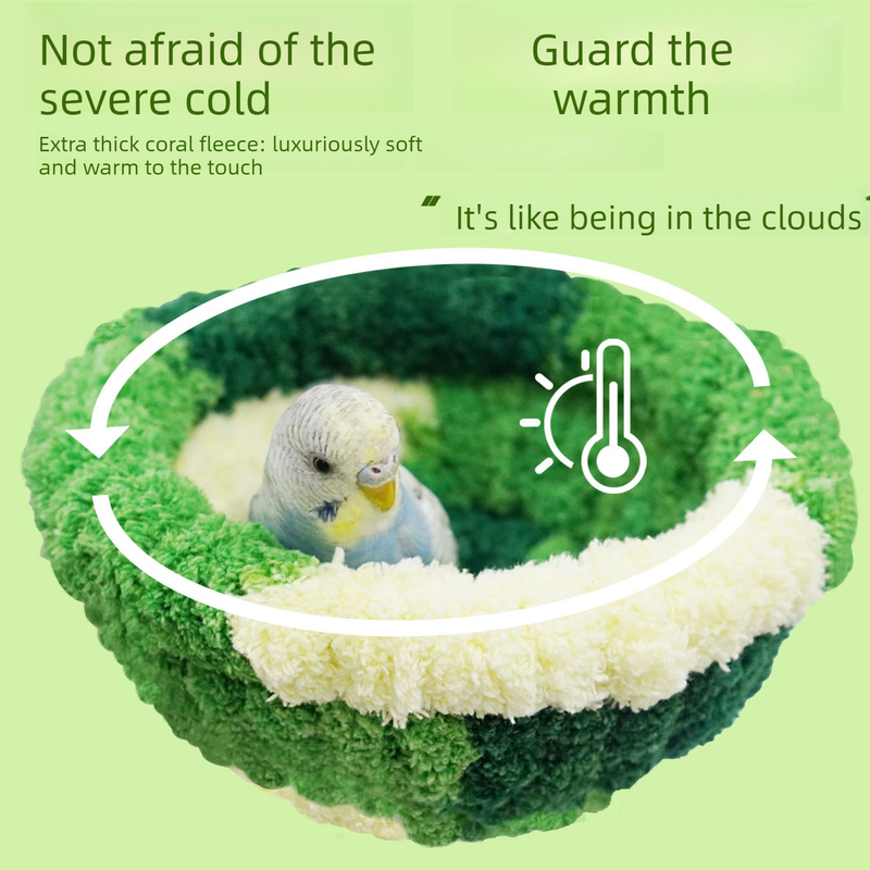2-in-1 Parrot Perch Warm Bed Nest, Coral Fleece Hanging Bird Cage Sleeping Hut for Budgies, Cockatiels, Lovebirds, and Small Parrots - Winter Warm House - Green