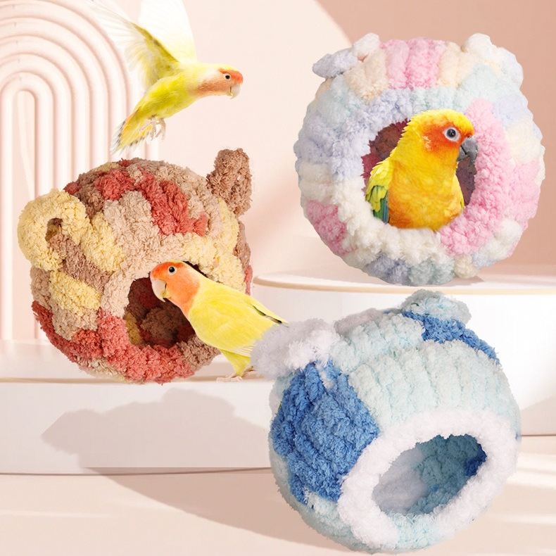 Thick Coral Fleece Winter Bird House with Plastic Frame & Metal Screw Hook for Budgies and Cockatiels - Blue