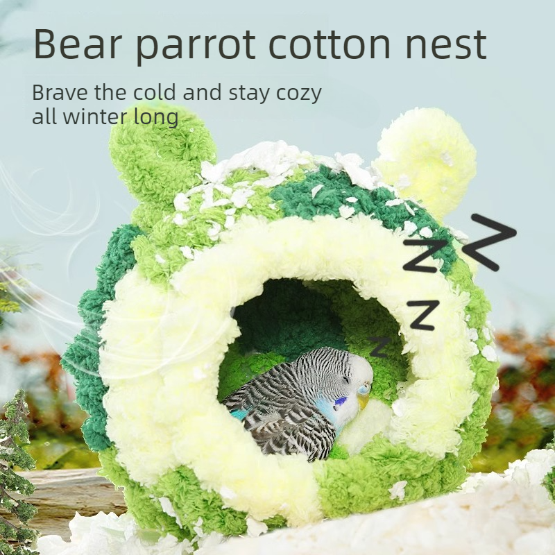 Thick Coral Fleece Winter Bird House with Plastic Frame & Metal Screw Hook for Budgies and Cockatiels - Green