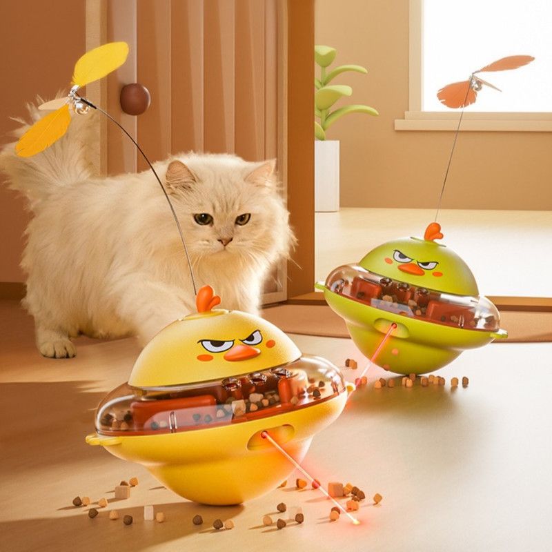 Tumbler Treat-Dispensing Cat Toy, Laser & Feather Interactive Pet Toy, 2-in-1 Feeding & Play Toy—Yellow