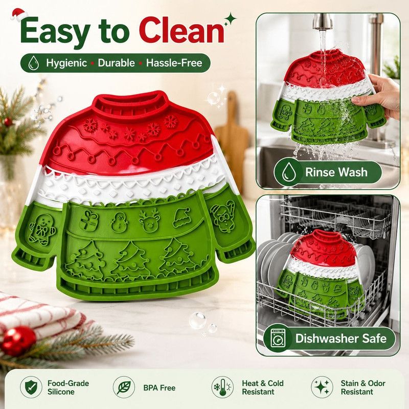 Christmas Sweater Silicone Pet Licking Mat, Anti‑Slip Suction Slow Feeder Mat for Pet