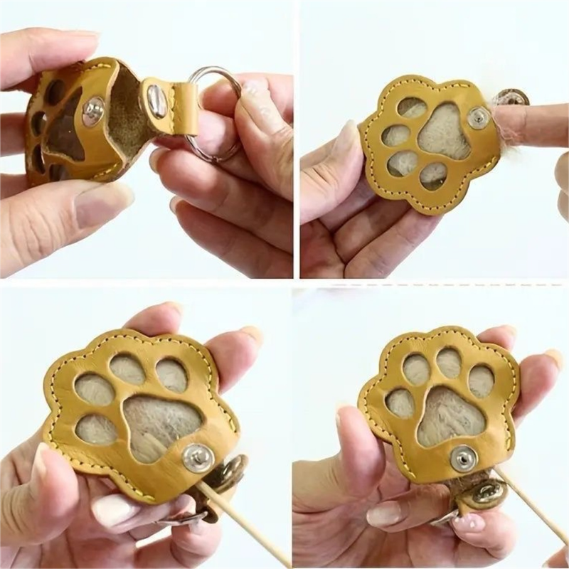 Round Paw Print Pet Hair Memorial Keychain, Leather Keepsake Charm for Dog & Cat Fur Storage - Pink