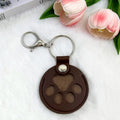 Round Paw Print Pet Hair Memorial Keychain, Leather Keepsake Charm for Dog & Cat Fur Storage—Dark Brown