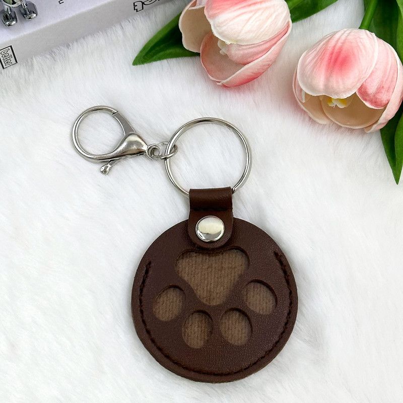 Round Paw Print Pet Hair Memorial Keychain, Leather Keepsake Charm for Dog & Cat Fur Storage—Dark Brown