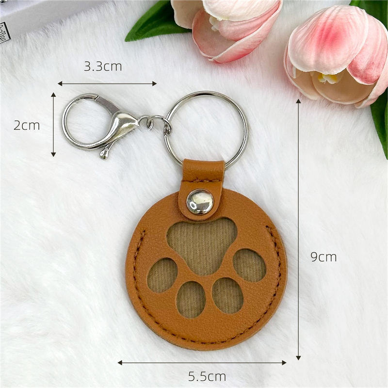 Round Paw Print Pet Hair Memorial Keychain, Leather Keepsake Charm for Dog & Cat Fur Storage—Dark Brown