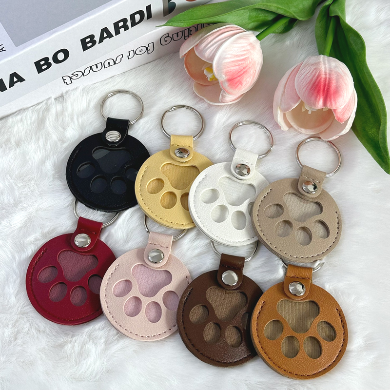 Round Paw Print Pet Hair Memorial Keychain, Leather Keepsake Charm for Dog & Cat Fur Storage—Dark Brown
